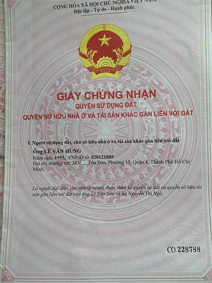 62.6m2 đường hẻm 243 tôn đản quận 4, giá 4,5 tỷ