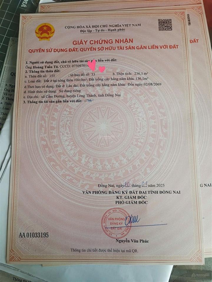 Cần bán lô đất thổ cư mặt tiền địa chỉ 86, đường suối quýt, xã xuân đường, đồng nai, 236m2