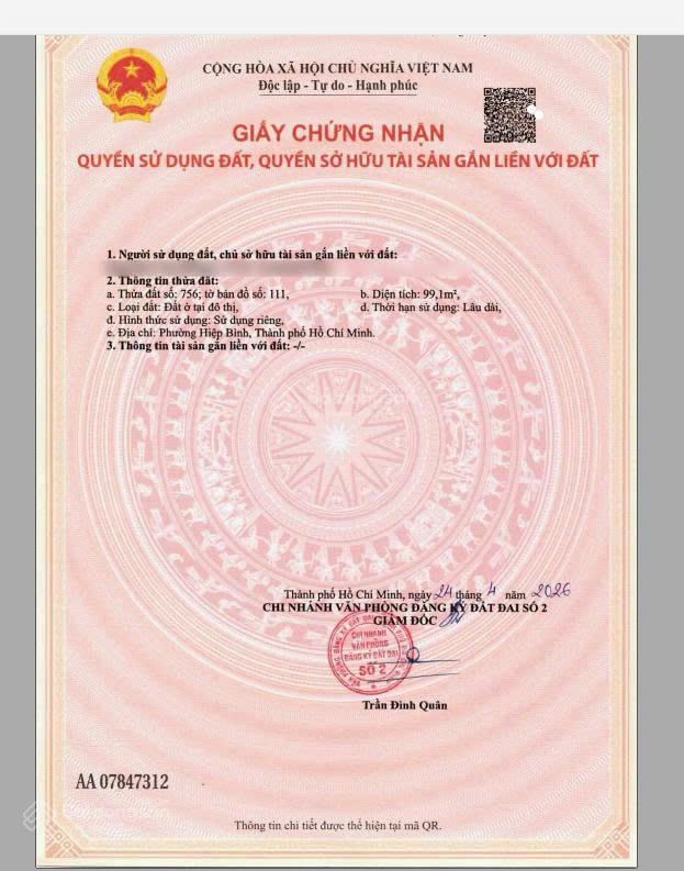Chính chủ cần bán lô đất mặt tiền 12m đường số 2, thủ đức, xây được 7 tầng sổ đỏ năm 2026