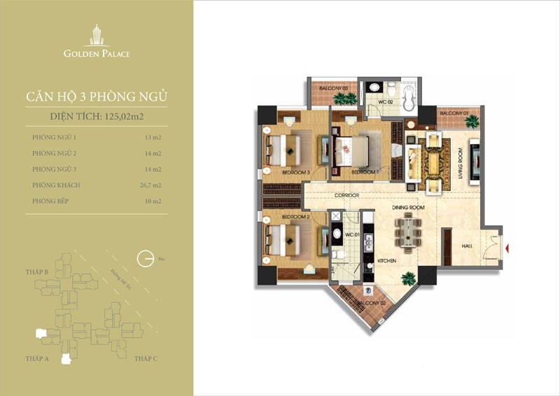 Cho thuê căn hộ 3pn, 2wc, 120m2 tại golden palace, 20 triệu vnd. hướng nam.