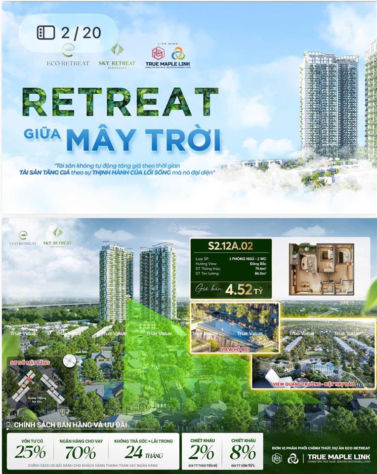 Căn hộ sky retreat 2pn, 86m², sống như nghỉ dưỡng mỗi ngày tại sky retreat chỉ với 4.52 tỷ