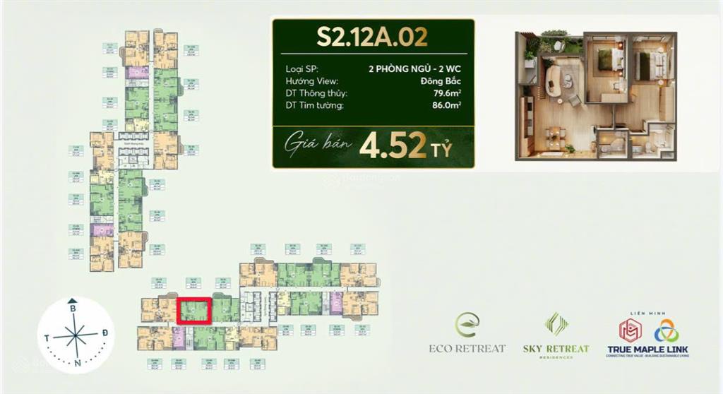 Căn hộ sky retreat 2pn, 86m², sống như nghỉ dưỡng mỗi ngày tại sky retreat chỉ với 4.52 tỷ