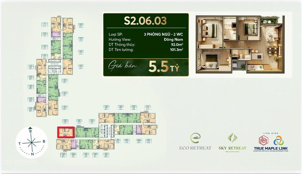 Bán căn hộ sky retreat 3pn, 101m2, tâm điểm sống xanh tại eco retreat