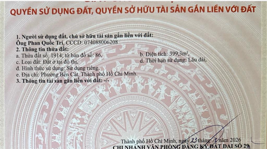 Chính chủ bán gấp lô góc 399,3m2 bến cát, tp.hcm. giá đầu tư 6,5 tỷ.  ngay 0989 288 ***