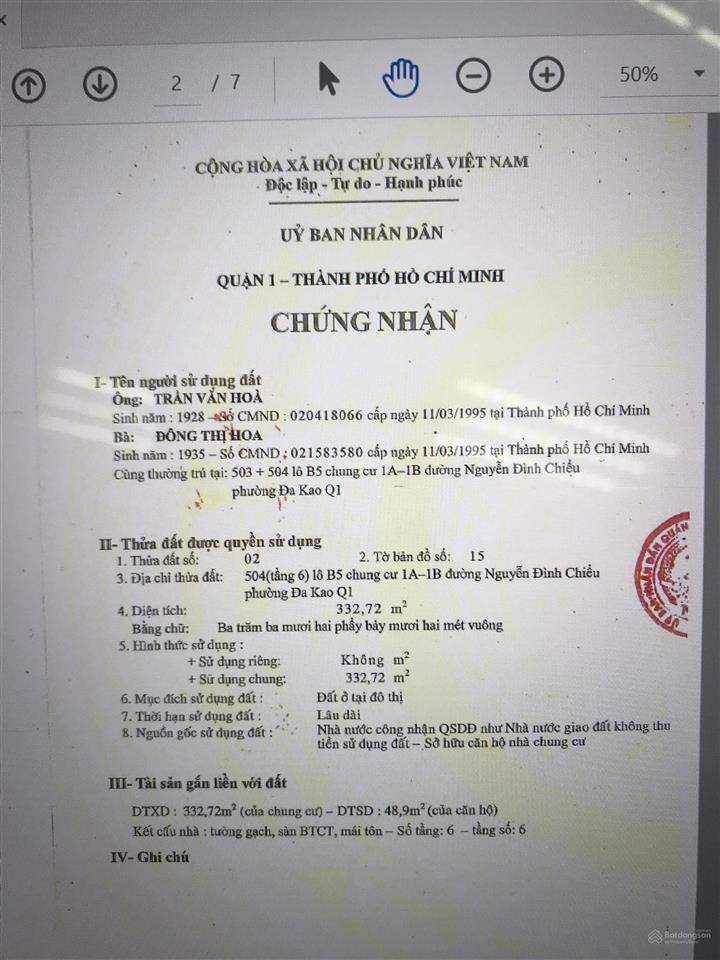 Chính chủ bán chung cư 1a 1b nguyễn đình chiểu sổ hồng