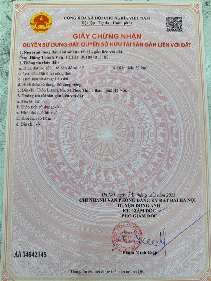 Cần bán 52m2 đất, 100m ra vành đai 3  gần vin bắc hồng. lương nỗ, phúc thịnh  diện tích 52m²