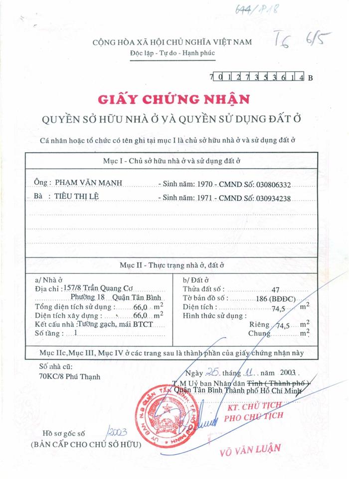 Bán nhà riêng tại 165/8 trần quang cơ, 7,2 tỷ, 74,5m2, 4pn, 3wc