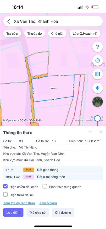 Bán lô đất 1090m tại ninh mã vạn thọ, vạn ninh, khánh hoà