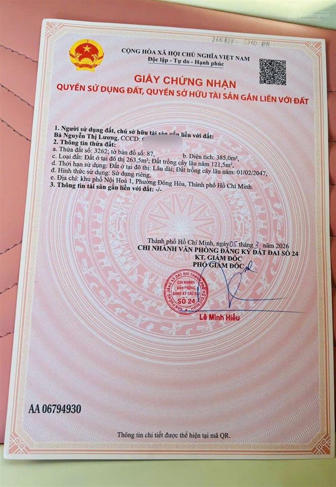 Bán đất thồ cư 385m kế ql 1k dĩ an , tphcm