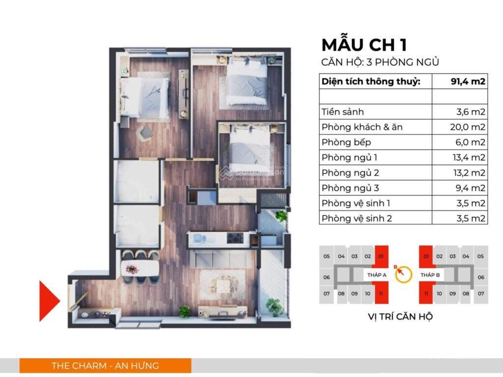 Chính chủ gửi bán nhanh căn 92m² 3pn2wc tầng 8 view nội khu cc the charm an hưng  nhận nhà luôn