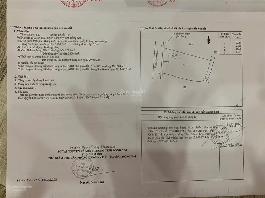 Bán gấp 2500m2 100m2 tc, bê tông, 3 mặt tiền, cách nhựa 300m2, sổ 1,7 tỷ.  a nhật
