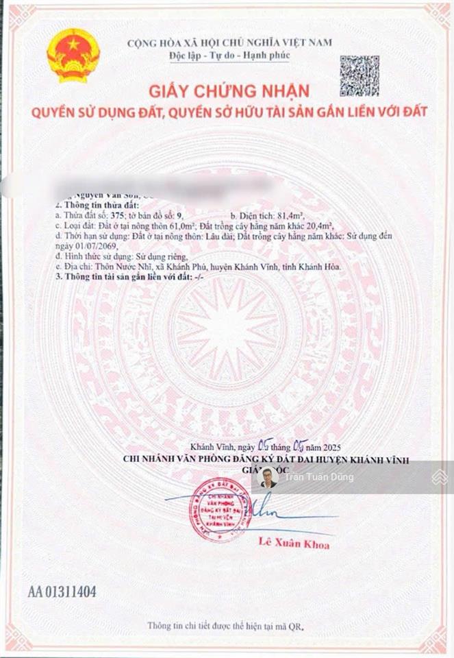 Bán đất hương lộ 62, khánh phú, khánh vĩnh, khánh hòa, 81m2, giá thỏa thuận thêm