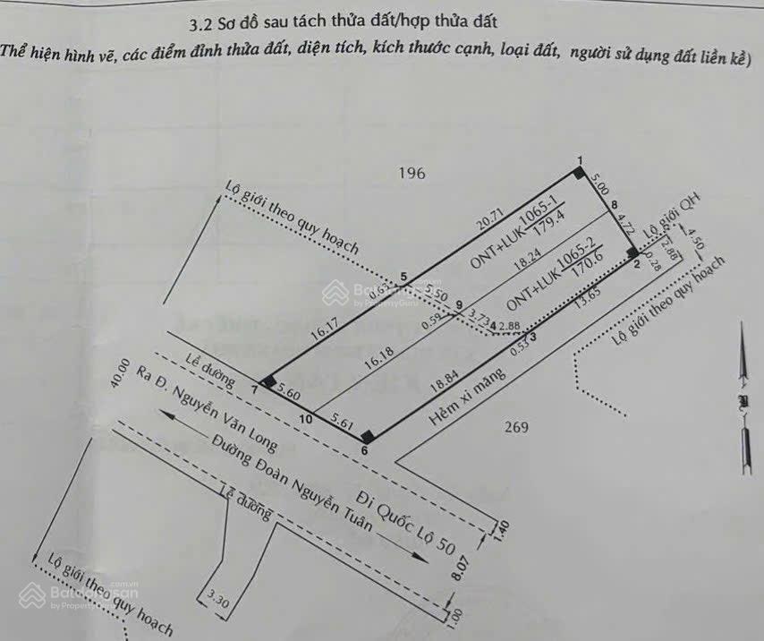 Đất ở 5x36m=179m2 mặt đường đoàn nguyễn tuân, xã hưng long, tphcm