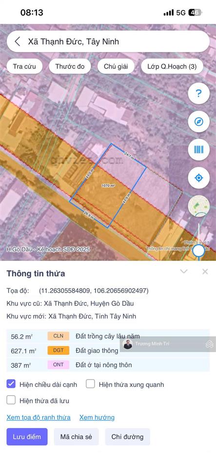 Bán đất tại xã thạnh đức, gò dầu, tây ninh  giá 1,55 tỷ, 1070m2  chính chủ hot