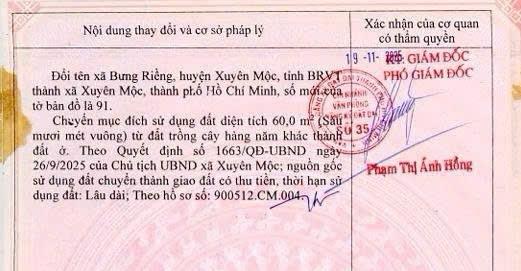 1017m2 xã xuyên mộc, tphcm. sổ riêng thổ cư 60m2