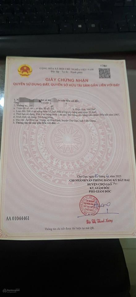 Bán lô đất 4.5 x 22 (nở hậu 5m) mặt tiền đường nhựa hoà lạc trung (vườn chanh)