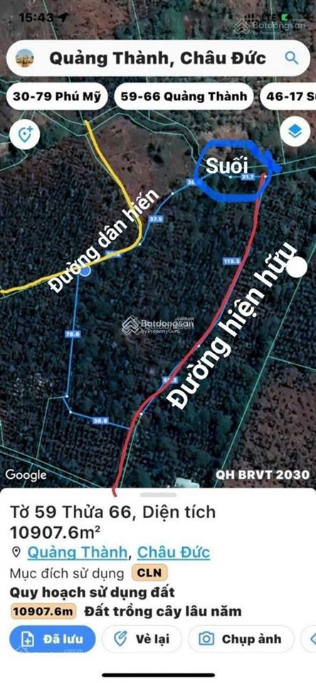 Bán đất đẹp chính chủ  quảng thành, châu đức, bà rịa  vt 11 sào, đất giáp suối, xe hơi tới đất