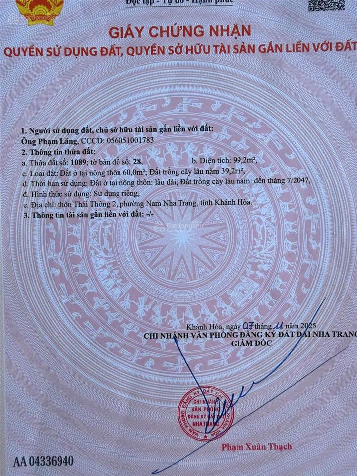 Chính chủ cần bán lô đất mặt tiền đường núi cấm ngay chợ thái thông, vĩnh thái chỉ 3,85 tỷ
