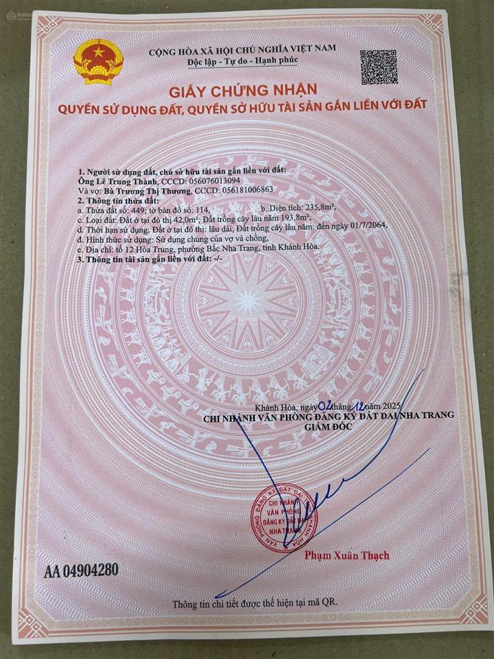 Bán đất hẻm nguyễn chích, vĩnh hoà, nha trang. dt 235,8m2. ngang 7,27m. sổ hồng.  0931 183 ***