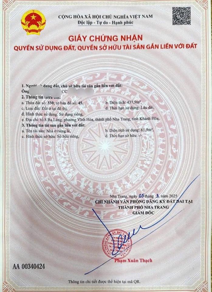 Bán đất đường dương hiến quyền, vĩnh hoà, nha trang. dt438m2. ngang 15m. gần biển. giá48 tỷ