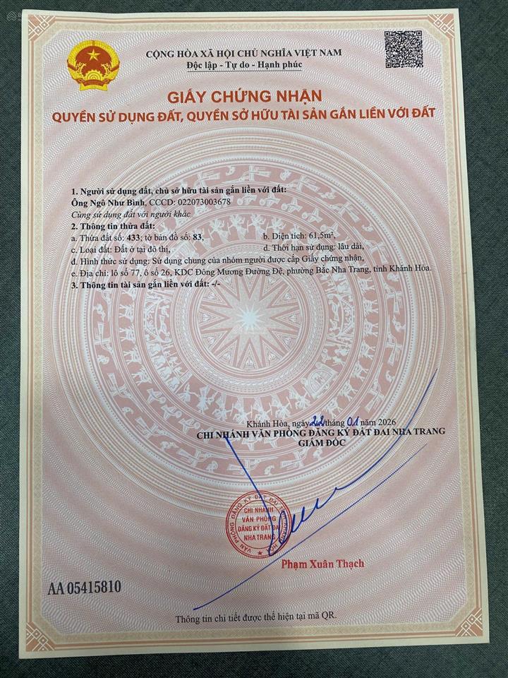 Bán đất đường nguyễn dữ, nha trang. diện tích 61,5m2. sổ hồng. gần biển. giá 5,8 tỷ. hướng đông