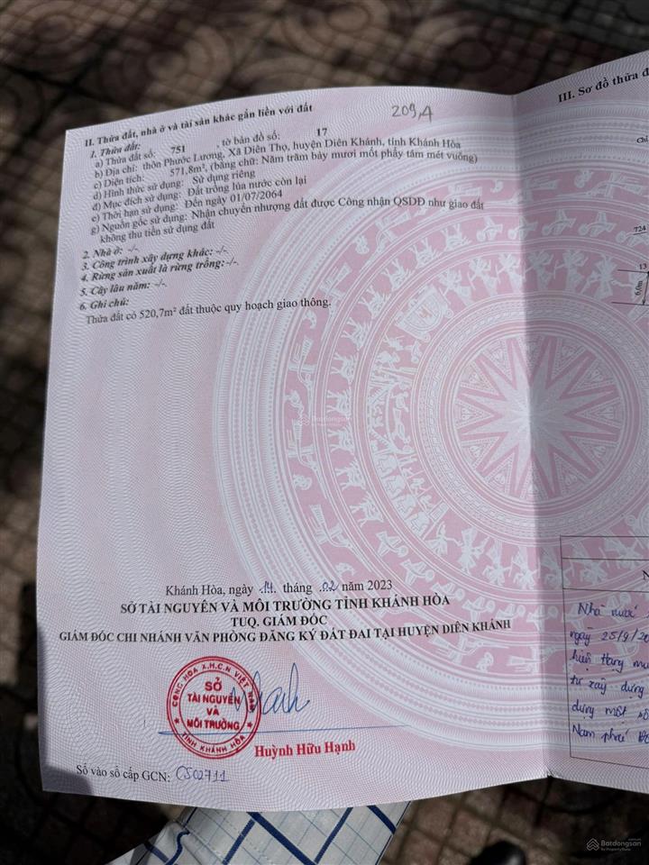 Cần bán gấp 209m2 đất lúa mặt tiền đường nhựa 10m ngang 28m ngay ql27c, gần trạm thu phí diên thọ