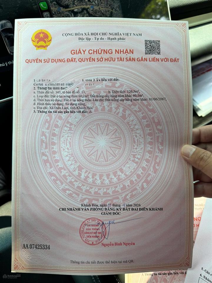 Bán đất diên khánh trục đường nhựa quy hoạch 24m tiện kinh doanh dt 120m2 chỉ 350 triệu full thổ