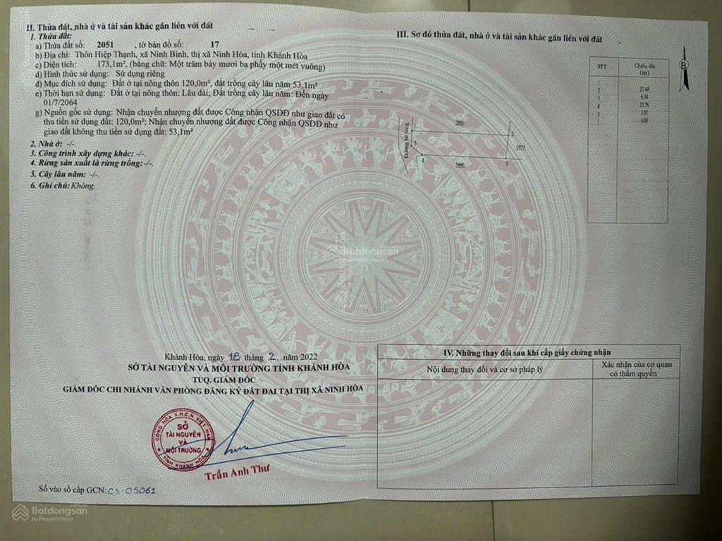 Bán lô đất hiệp thạnh  ninh bình  ninh hoà. diện tích 173,1 m2 có 120m thổ cư, ngang 6,5m 590tr