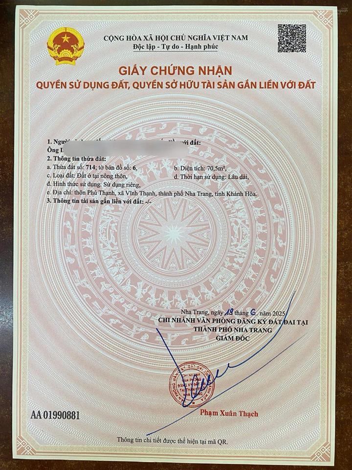 Bán nhanh lô đất vĩnh thạnh, tây nha trang, giá tỷ 650 triệu, thổ cư 100%, dt 70,5m2