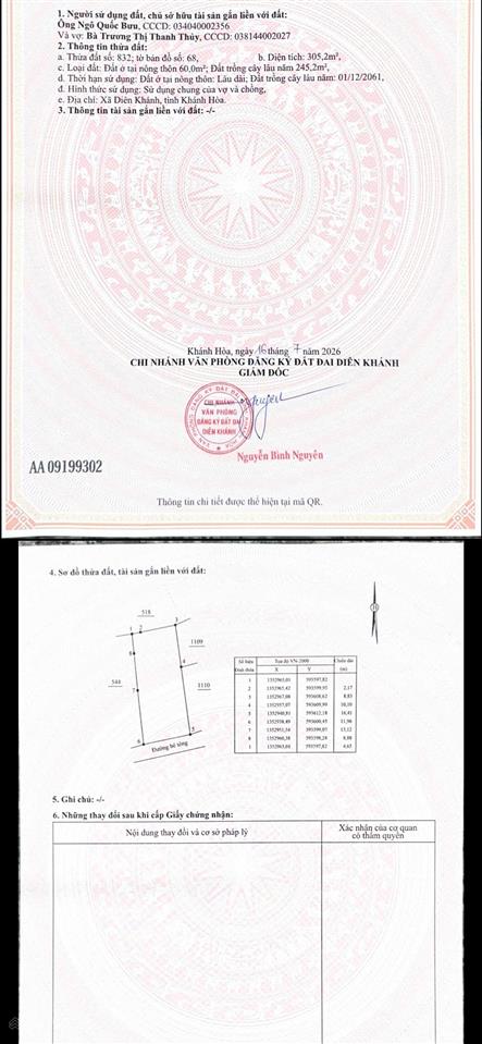 Đất vườn diên an thôn an ninh 1tỷ 525tr diện tích 305m2 (ngang gần 12m) 60m thổ cư đường rộng 6m