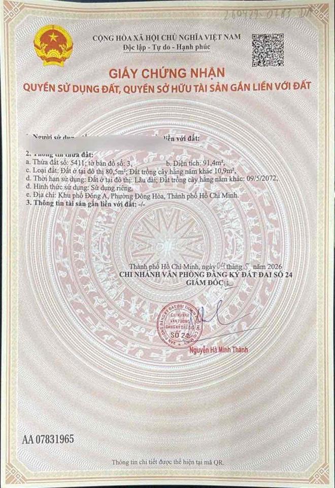 Chính chủ cần bán gấp 91,4m2 đường nhựa gần làng đại học Đông Hoà, HCM
