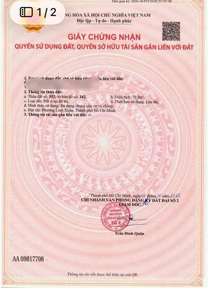 Chính chủ bán gấp 2 nền đất tại Linh Xuân ngay cổng trường tiểu học
