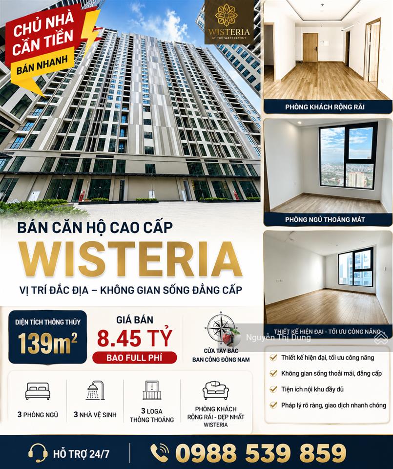 Chủ thiện chí bán căn 139m² chung cư the wisteria giá chỉ 8.45 tỷ bao phí  có hỗ trợ vay bank.