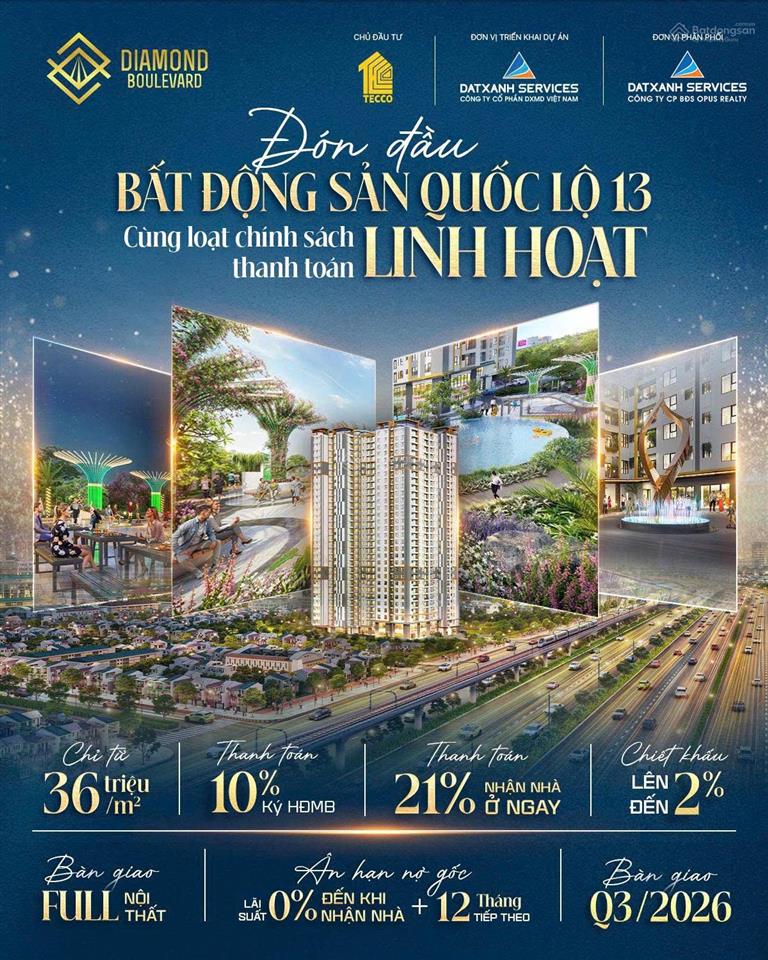 Hiếm  căn hộ diamond boulevard mặt tiền ql13 giá tốt nhất khu vực 36tr/m2  bàn giao full nội thất