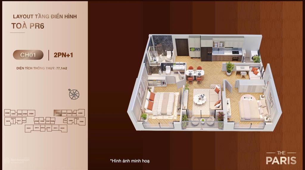 Chỉ 2,4 tỷ ký ngay hđmb căn 2pn + 1 2wc 83m2, bc đb đn, view thoáng d/a the paris,  0973 636 ***