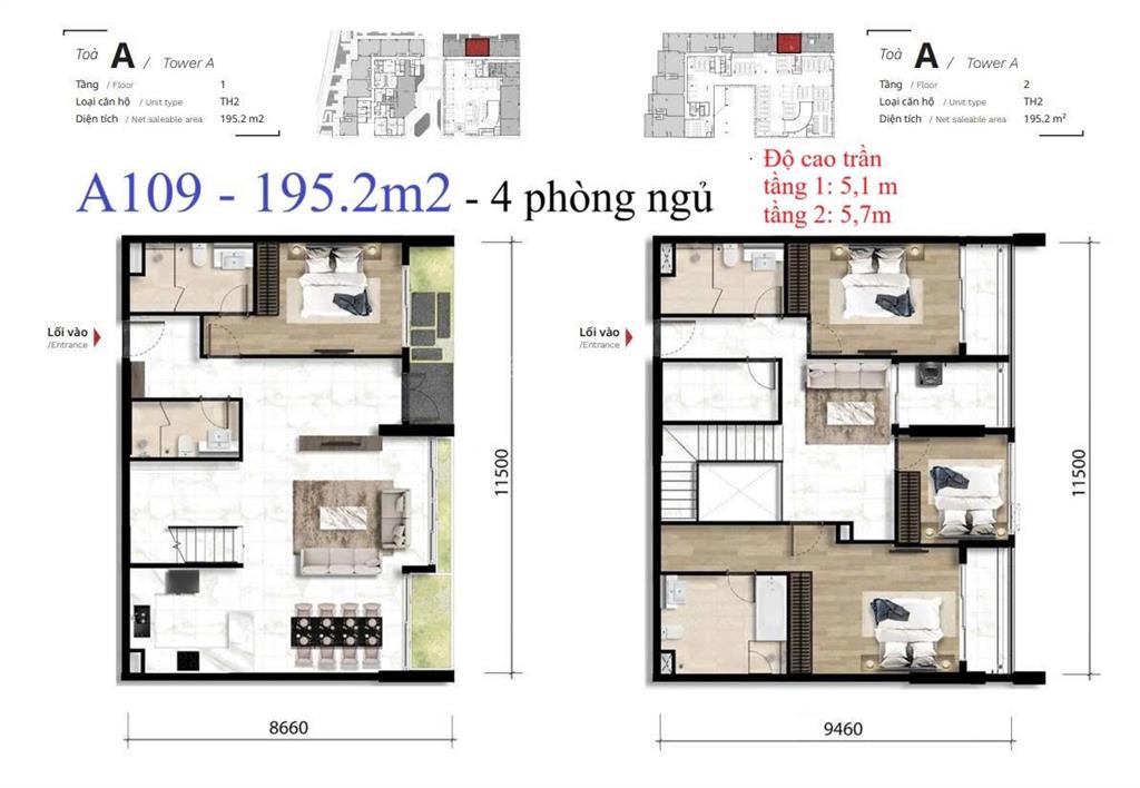 Bán căn hộ loại townhouse tầng 12 tại the ten, trần cao 4,75,7m thiết kế 4pn4wc, 6/2026 bàn giao