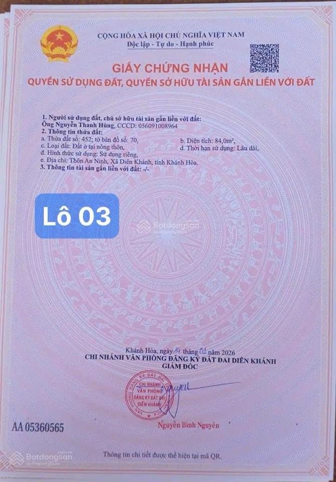 Để lại 84m2 ngay trung tâm diên an, cách nha trang chỉ 8km, đường ô tô, giá 867 triệu