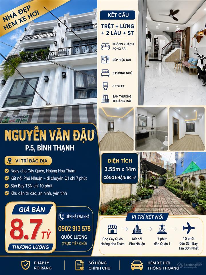 Nhà đẹp hẻm xe hơi  nguyễn văn đậu, p.5, bình thạnh * diện tích 3.55m  14m * công nhận 50m²