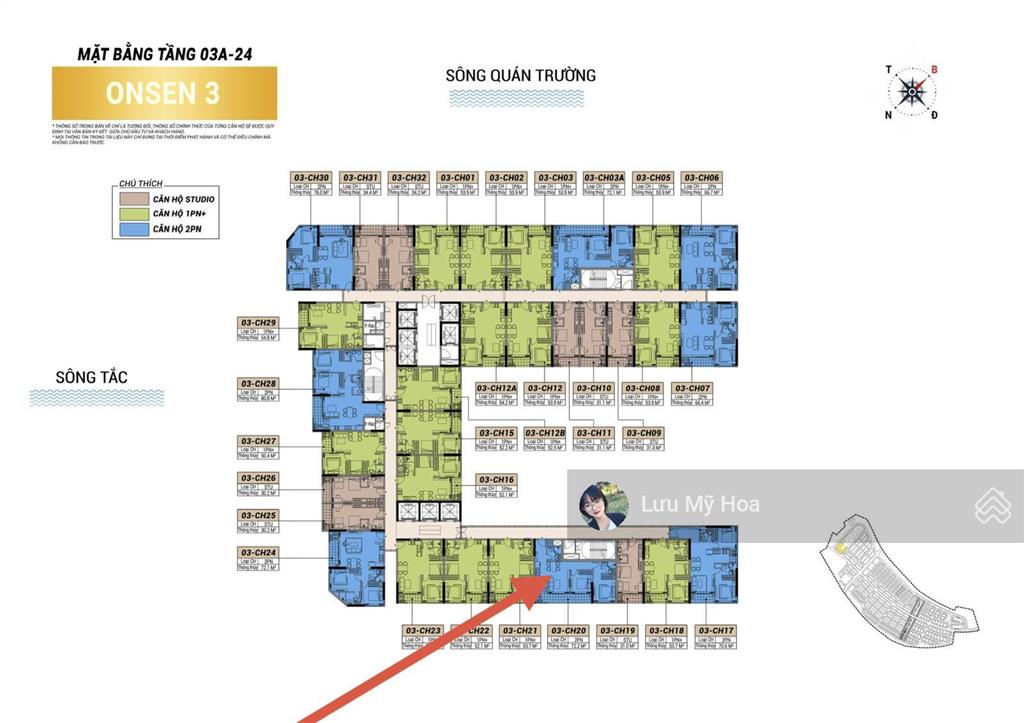 Bán căn 2 pn tầng trung mã căn 20 đông nam, view sông và phố toà onsen 3, giá gốc cđt