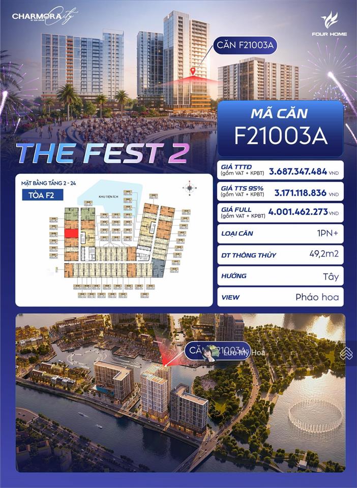 Bán 1pn + căn view trực diện pháo hoa the fest 2, tầng 10 giá gốc cđt, có chiết khấu booking sớm 3%