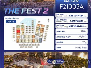 Bán 1pn + căn view trực diện pháo hoa the fest 2, tầng 10 giá gốc cđt, có chiết khấu booking sớm 3%
