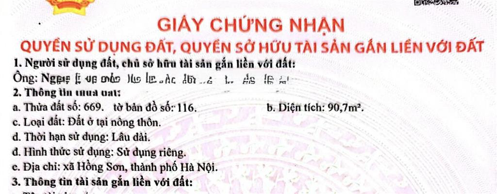 Chính chủ bán đất sẵn sổ đỏ dt 90,7m2 tại phùng xá, sát thị trấn vân đình. giá 3x/m2. 0394 189 ***