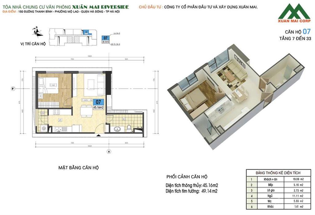 Bán căn 1pn  1vs  45m2 giá 3,65 tỷ tòa xuân mai riverside mỗ lao, hà đông