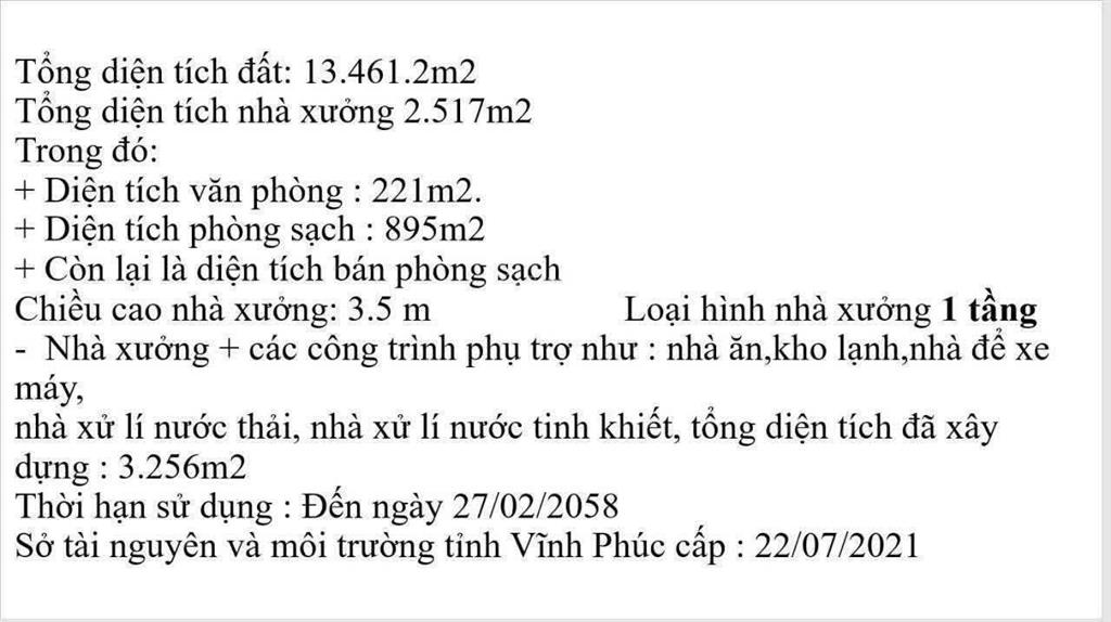 Chuyển nhượng nhà xưởng sx điện tử trong khu công nghiệp bá thiện 2  vĩnh phúc