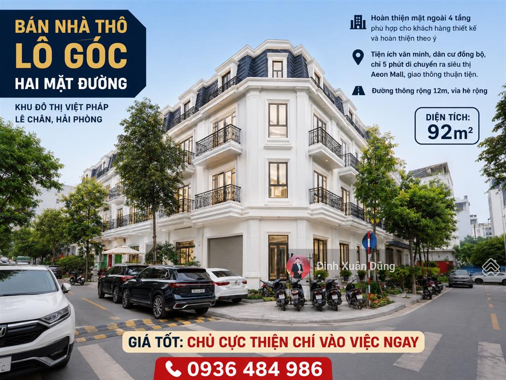 Biệt thự thô lô góc hai mặt đường khu lê chân 92m 4 tầng giá cực tốt chỉ hơn 8 tỷ