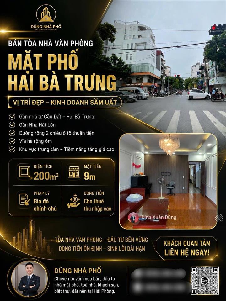Bán tòa nhà mặt phố hai bà trưng, hải phòng 200m2, mặt tiền 9m, có dòng tiền thu nhập cao, hợp lý