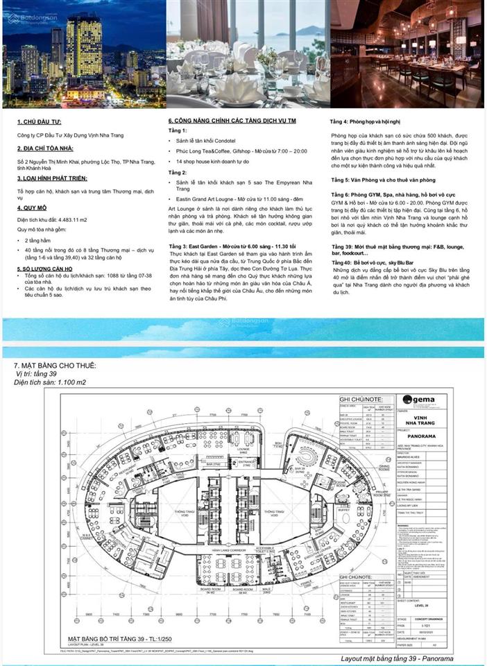 Cho thuê 1.100m2 m2 tầng 39 toà panorama nha trang view bao quát biển  giá 370tr/tháng