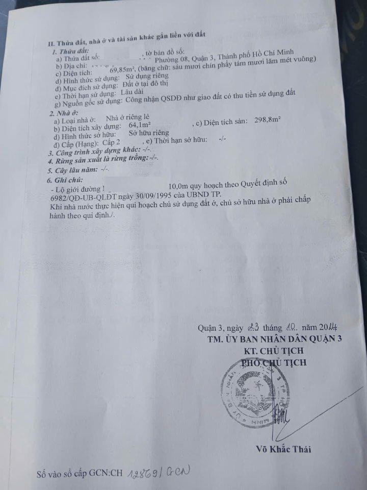 BÁN NHÀ NGAY MĂT TIỀN HAI BÀ TRƯNG, P.VÕ THỊ SÁU, Q3. 1TR5L, GIÁ:29 TỶ