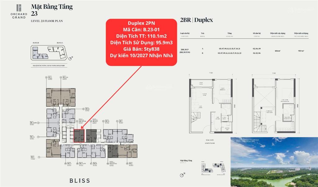 Bán căn hộ duplex 2pn orchard grand sycamore  110.1m2 view nội khu siêu đẹp