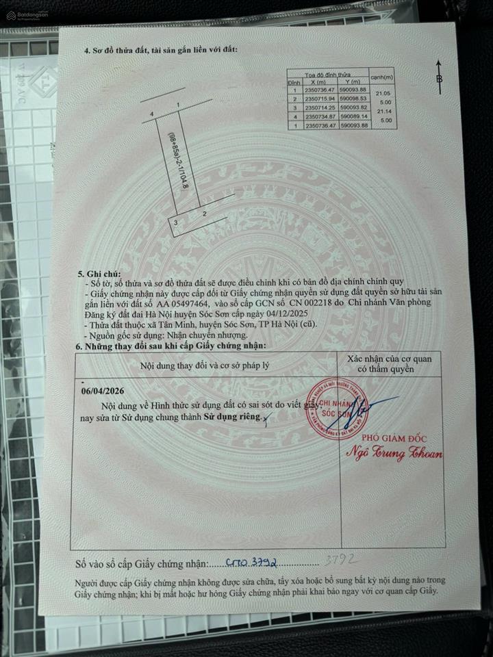 Chính chủ do nhu cầu công việc cần bán gấp đất tại núi đôi, tân minh, sóc sơn, 2,1 tỷ, 104,8 m2.